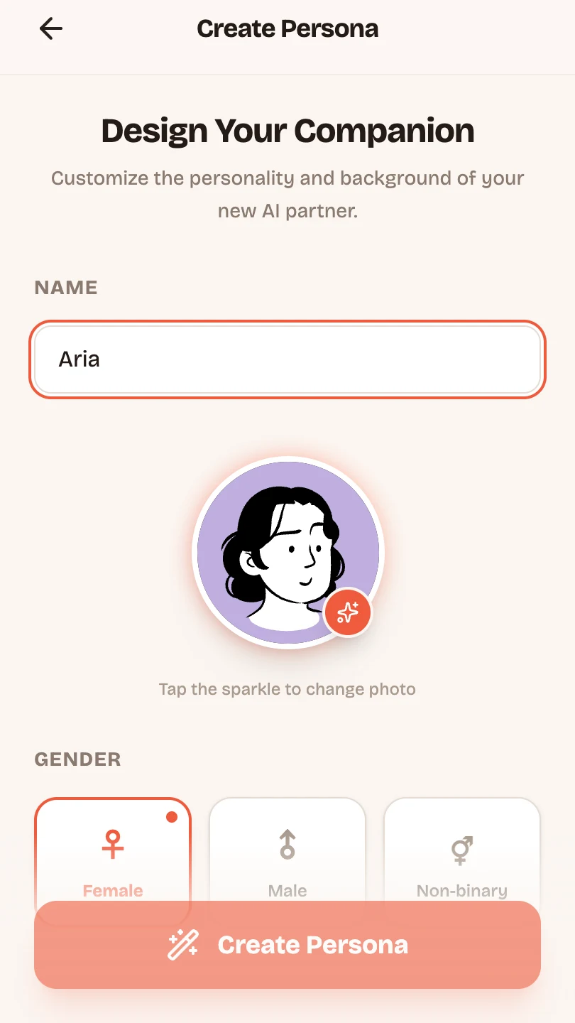 Build your AI companion — design a custom persona with a unique name, personality and backstory